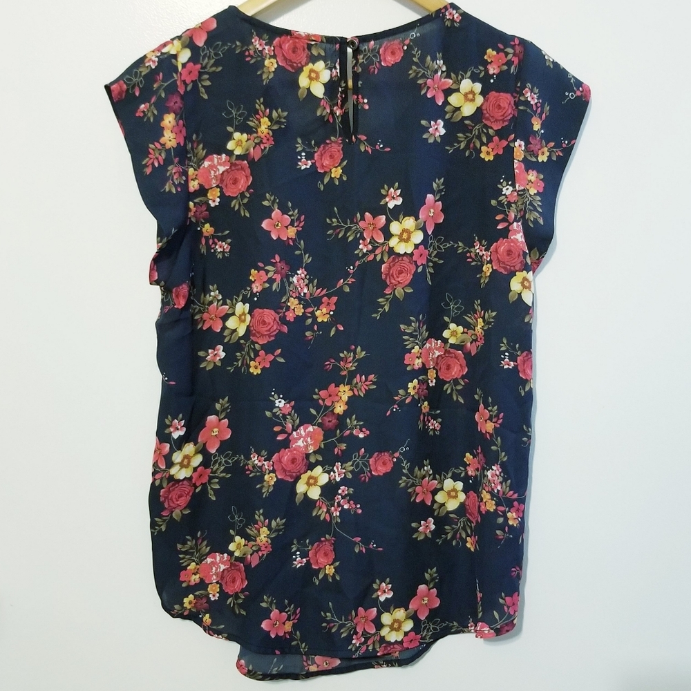 SWEET RAIN Navy Blue Floral Sleeveless Pleated Sheer Blouse Medium Boho Romantic - Picture 2 of 8